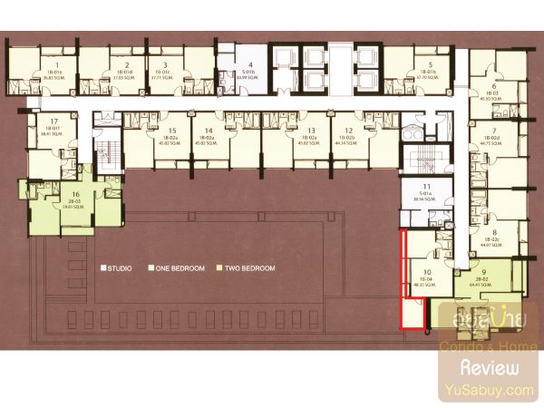 Floor Plan คอนโด Q Asoke ชั้น 20-30 (กรอบสีแดง แสดงพื้นที่ห้องที่เพิ่มเข้ามา เทียบกับรูปก่อนหน้านี้)
