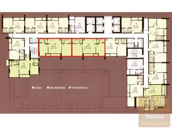 Floor Plan คอนโด Q Asoke ชั้น 31-35 (กรอบสีแดง แสดงรูปแบบของห้องที่เปลี่ยนจาก 1 ห้องนอน เป็น 2 ห้องนอน)