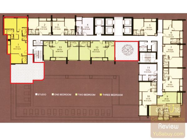 Floor Plan คอนโด Q Asoke ชั้น 36 (กรอบสีแดง แสดงพื้นที่ห้องที่เพิ่มเข้ามาของห้องแบบ 3 ห้องนอน และพื้นที่สวน)