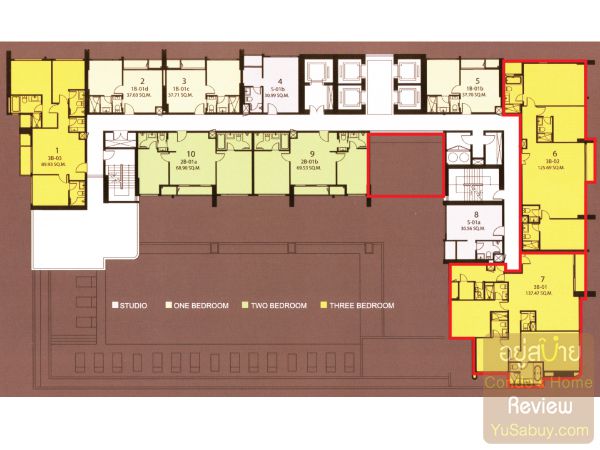 Floor Plan คอนโด Q Asoke ชั้น 37-39 (กรอบสีแดง แสดงพื้นที่สวนที่หายไป และรูปแบบห้องที่กลายเป็นแบบ 3 ห้องนอน)