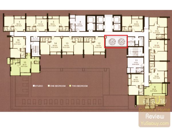Floor Plan คอนโด Q Asoke ชั้น 9-18 (กรอบสีแดง แสดงพื้นที่สีเขียวเพิ่มเติมของคอนโด)