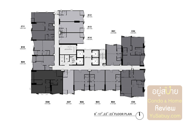 Floor Plan ชั้น 8-17, 22-23 คอนโด RHYTHM Ekkamai