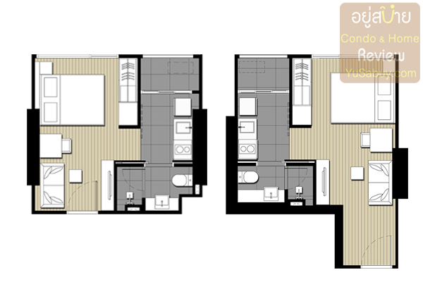 แปลน 1 ห้องนอน คอนโด Ideo Mobi Asoke แบบ A1-1 ขนาด 24 ตารางเมตร (ซ้าย) และ แบบ A1-2 ขนาด 26.00 ตารางเมตร (ขวา) 