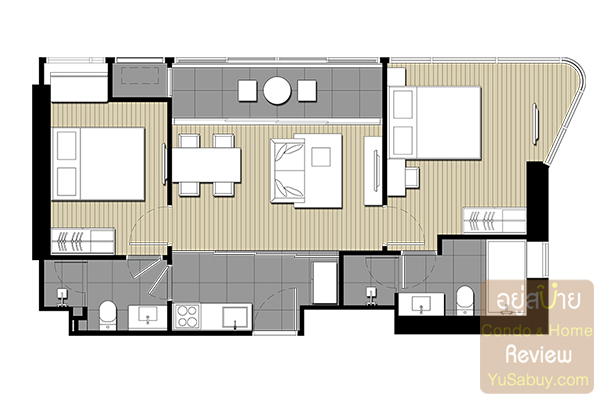 แปลน 2 ห้องนอน คอนโด Ideo Mobi Asoke แบบ C2-1 ขนาด 61 ตารางเมตร 