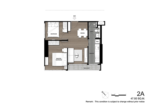 Urbano Rajavithi ห้องแบบ 2 ห้องนอน Type 2A ขนาด 47.50 ตารางเมตร