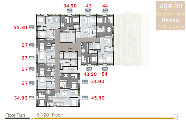 Floor Plan ชั้น 15-20 คอนโด Noble Around Sukhumvit 33