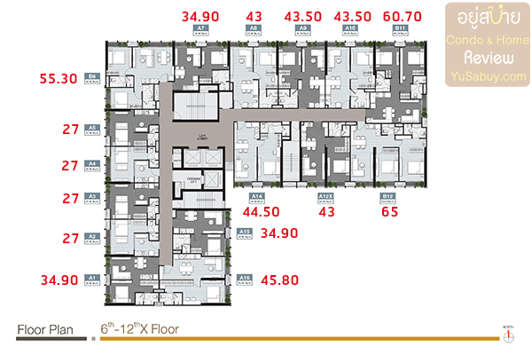 Floor Plan ชั้น 6-12x คอนโด Noble Around Sukhumvit 33