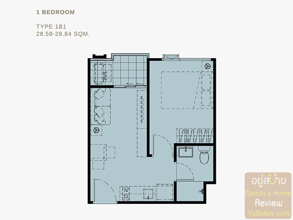 แบบ 1 ห้องนอน Type 1B1 ขนาด 28.59-28.84 ตารางเมตร คอนโด Premio Quinto