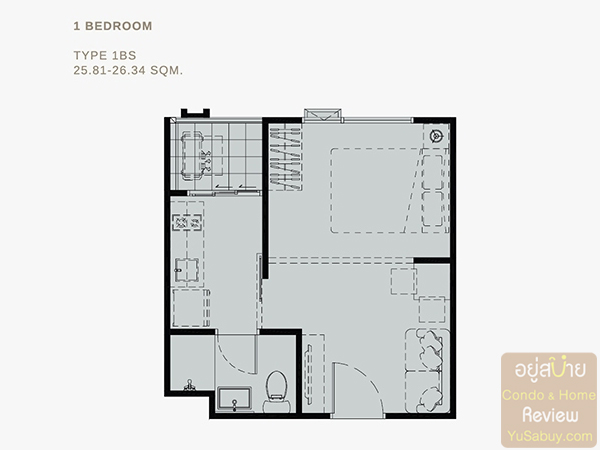 แบบ 1 ห้องนอน Type 1BS ขนาด 25.81-26.34 ตารางเมตร คอนโด Premio Quinto